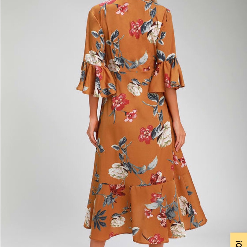 Lulu’s Mustard Yellow Floral Midi Wrap Dress NWOT - Picture 2 of 7